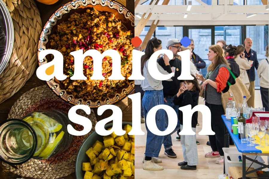 Amici Salon logo over vibrant food and people socialising