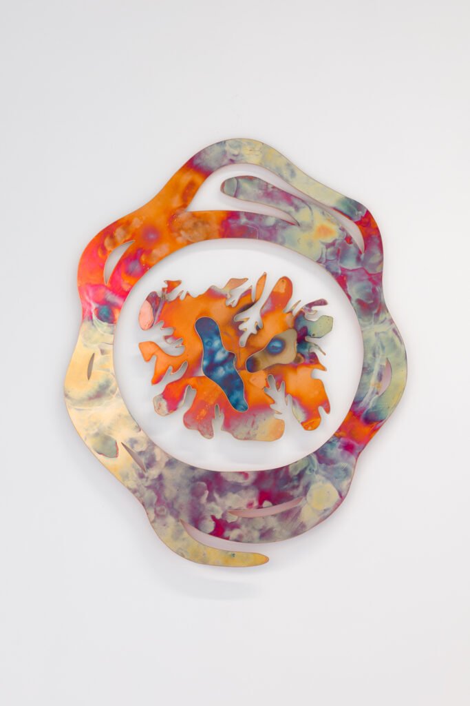 Miroslava Večeřová, Eye of Adamantine, 2026, Hand-flamed laser-cut copper and stainless steel (unsealed), UV acrylic, 68 × 85 cm